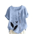 thumbnail image 2 of Lydiaunistar Hauts de Printemps pour Femmes Grande Taille Décontracté en Lin Col Rond Manches Courtes Bouton Chemisier Imprimé Polyester Léger Confortable Printemps Été Automne T-Shirt Bleu Clair, 2 of 4