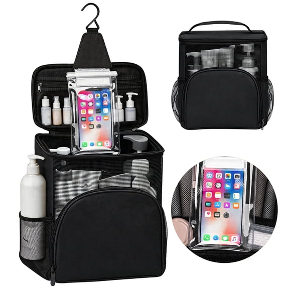 cyrico Shower Bag for College Dorm, Portable Hanging Toiletry Bag with Touchscreen Phone Pocket, Quick Dry Mesh Shower Tote Organizer for Gym, Travel and Camping