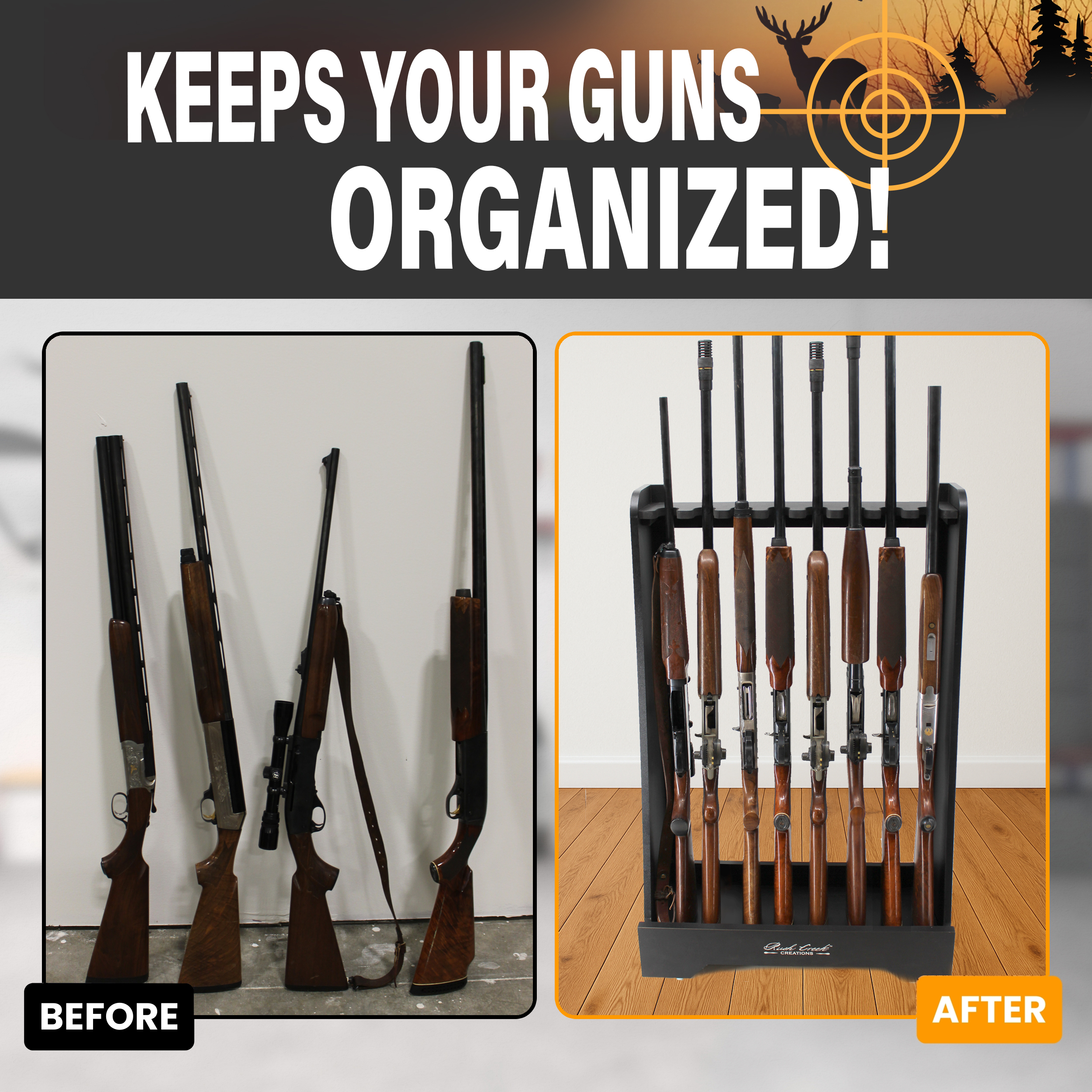 Rush Creek Creations Freestanding Indoor and Barn Wood 8-Gun Rack for Rifles or Shotguns, Gun Storage for 8 Real Guns, Alternative to Gun Safe for Rifles, Black