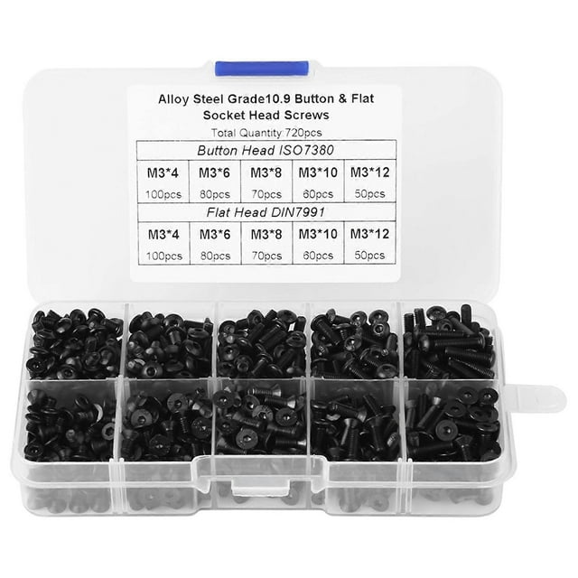 720pcs M3*4/6/8/10/12 Black Alloy Steel Flat Head Hex Socket Screws with Plastic Box