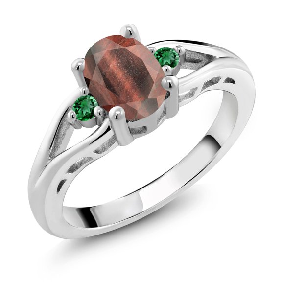 Gem Stone King 925 Sterling Silver Red Tiger Eye and Green Nano Emerald 3 Stone Engagement Ring for Women | 1.30 Cttw | Oval 8X6MM | Round 2MM | Gemstone Birthstone | Size 7