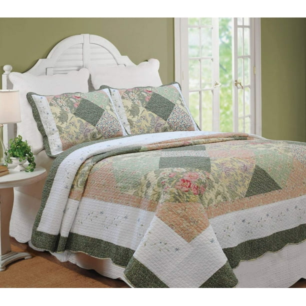 Cozy Line Grace Forest Green Real Patchwork Cotton Quilt Set, King Set