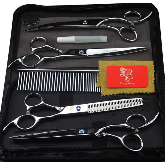 5PCS Pet grooming  kit,7 inch Dog Grooming Set,Pet Trimmer Kit for Dog Cat Pet with Cutting  Thinning Shear, Curved , Grooming Comb and leather bag (Silver)