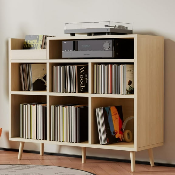 Cozy Castle Record Player Stand, Turntable Shelf with Vinyl Storage up to 500 Albums, Vinyl Record Player Shelf with Power Outlet Sideboard Buffet Cabinet with Storage Accent Cabinet, Oak