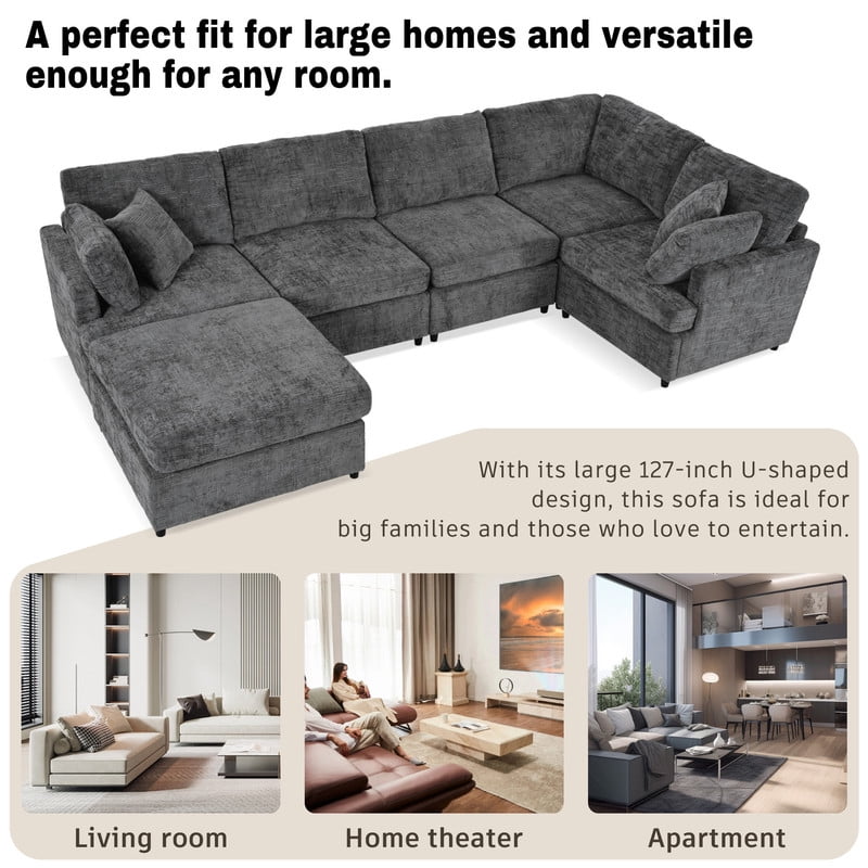 127" U-Shaped Modular Sectional Sofa with Movable Ottoman, 6-Piece Chenille Fabric Couch, Convertible Corner Sofa with Pine Wood Frame, Modern Deep Seat Sofa Set for Living Room & Apartment