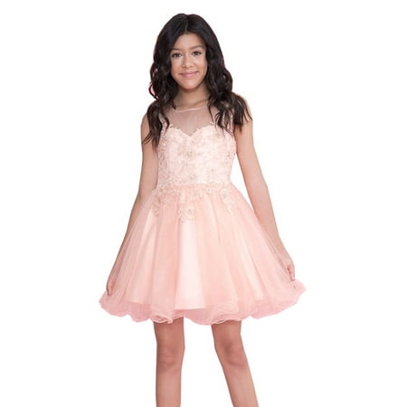 Calla Collection Girls Blush Lace Illusion Short Party Tween Dress