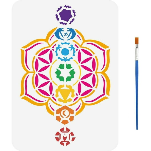 Plantilla Flor de la Vida 11.7x8.3 pulgadas, Plantilla de los 7 Chakras con pincel, Plantilla de pintura de geometría sagrada para meditación, Plantillas de dibujo de mandalas