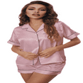 thumbnail image 2 of LYMAYTER Ensemble de Pyjama en Satin pour Femmes 2 Pcs Manches Courtes Boutonné Haut et Shorts P-3TG, 2 of 9