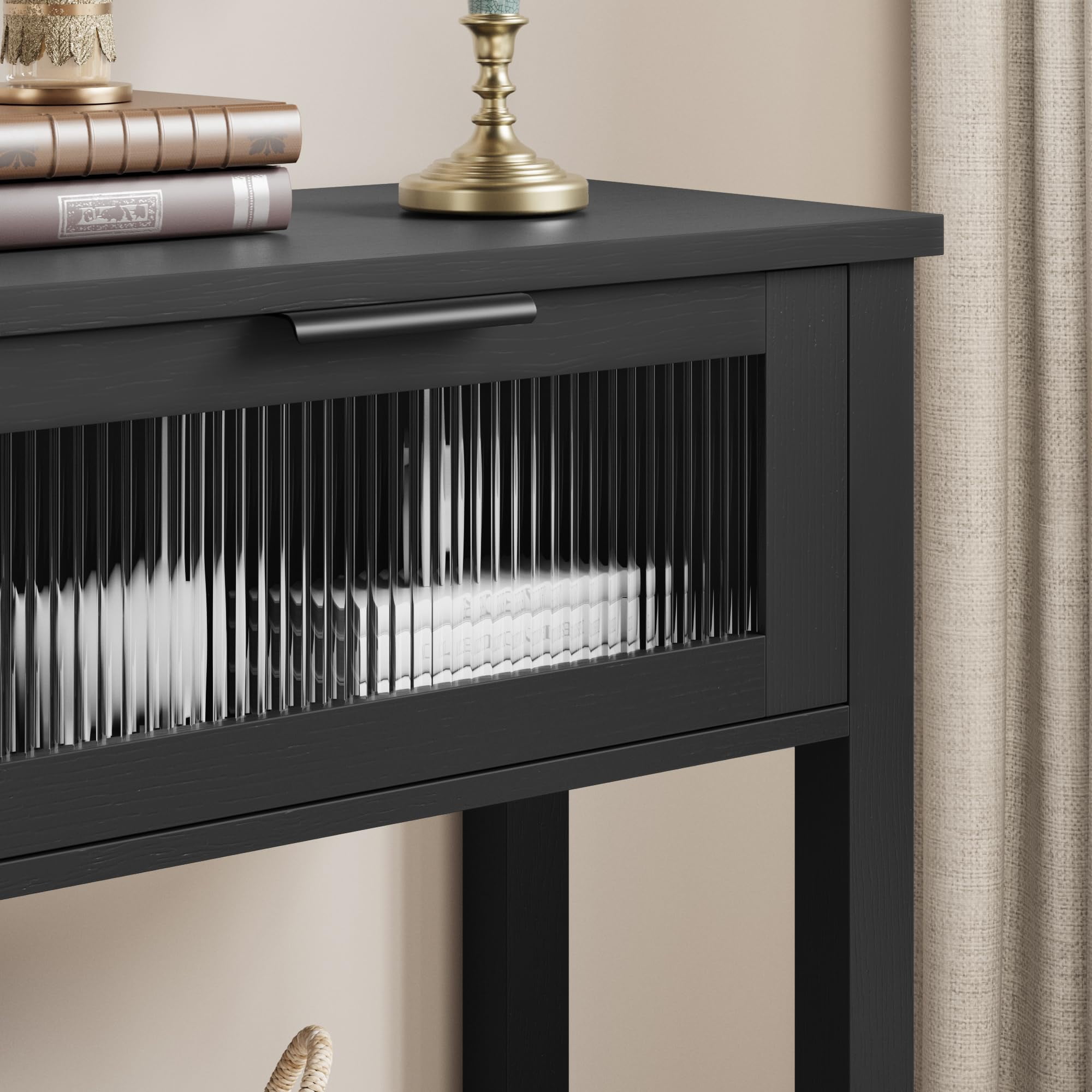 PYY Modern Black Wood Console Table with Glass Drawers – 2-Tier Narrow Sofa Side Table, Storage Shelf for Entryway, Hallway, Living Room, Home Office, Farmhouse Style – Black