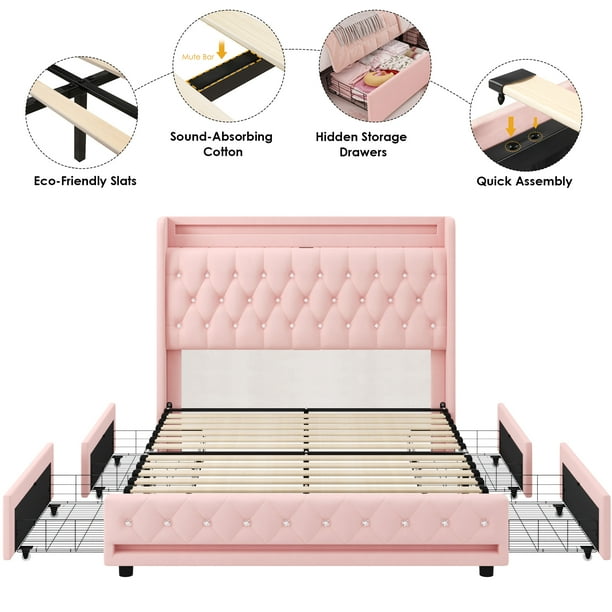 Homfa Full Size LED Bed Frame with 4 Storage Drawers & Charge