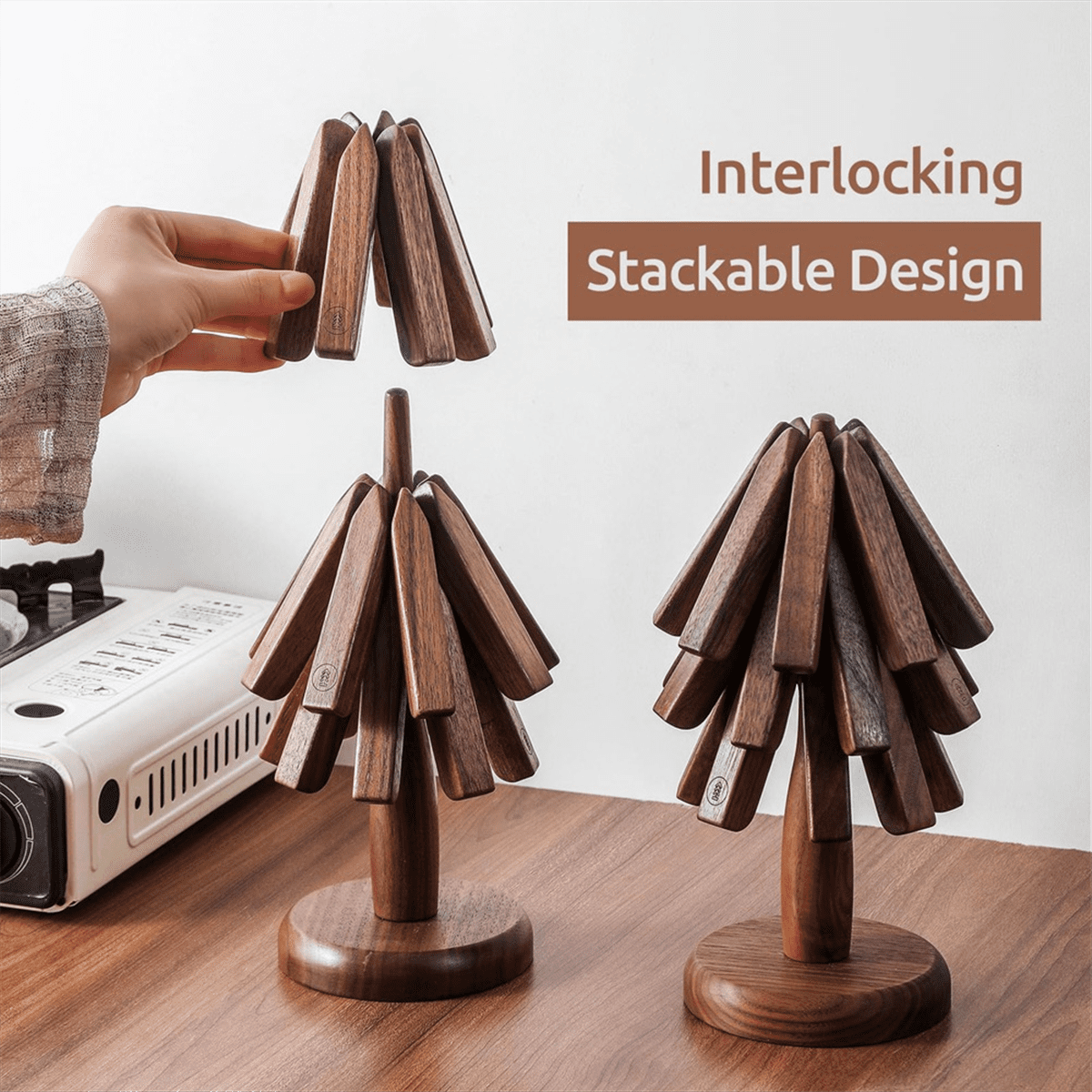 Lot De 4 Dessous De Plat En Bois + Support - Forme Sapin - Pour Casseroles Chaudes, Protection Plan De Travail