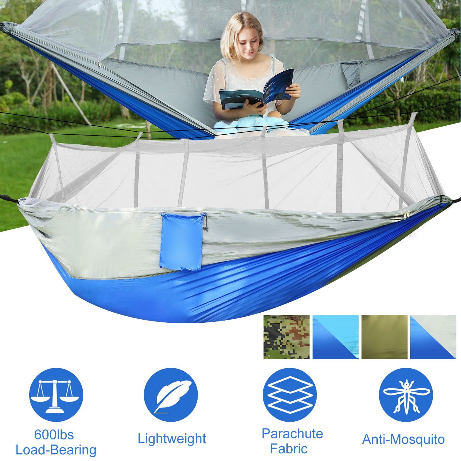 Camping Hammock, Portable Double Hammock with Net, 600lbs Load 2 Persons Hammock w/Mosquito Net Outdoor Hiking Camping Hommock Portable Nylon Swing Hanging Bed w/ Strap Hook Carry Bag