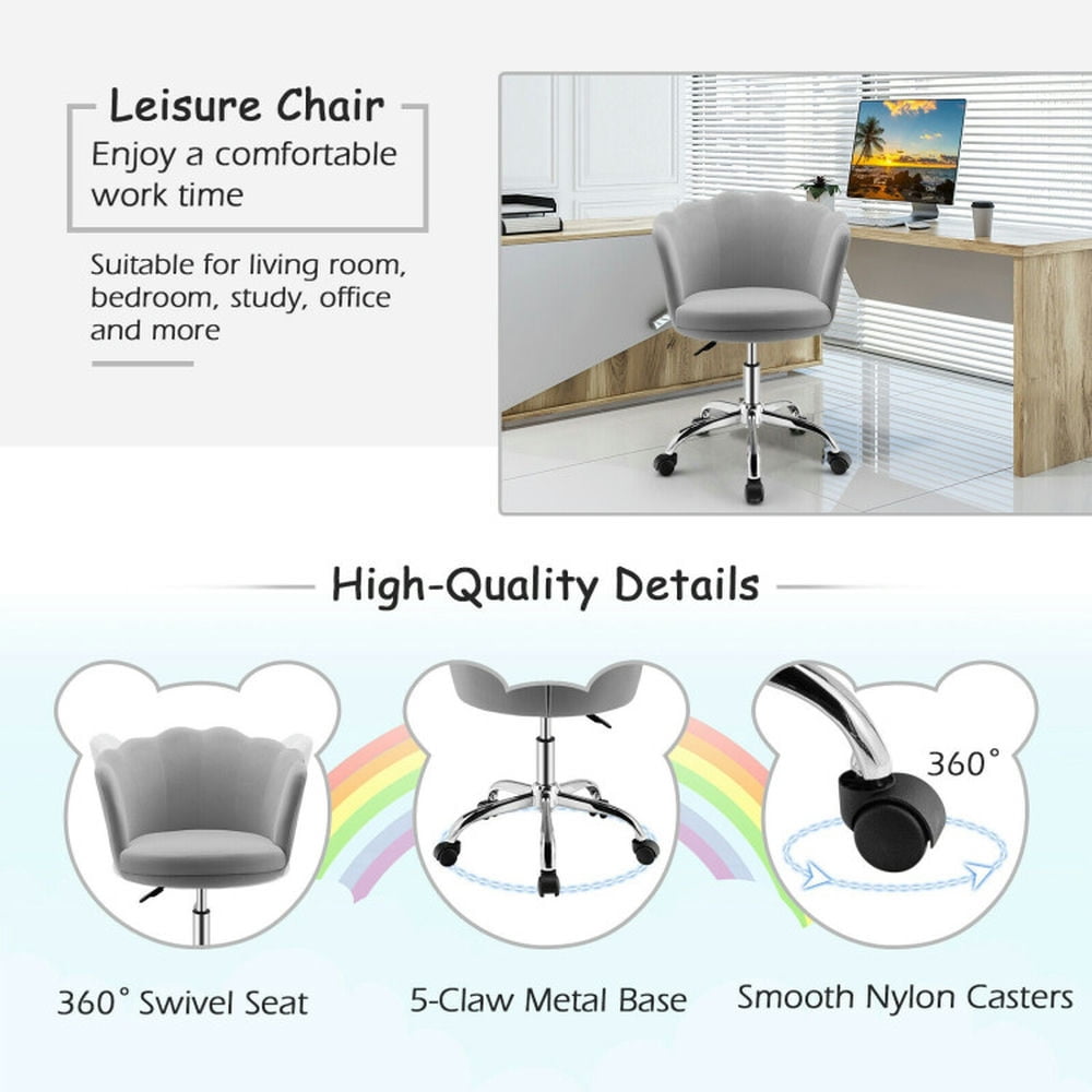 Demi Bonn Upholstered Velvet Desk Chair with Wheels and Seashell Back, Rolling Work Computer Office Chair, Gray
