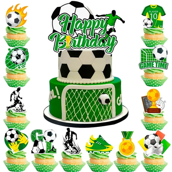 Football Cake Topper, 13-Piece Set of Football Cake Topper, Including 1 Football Birthday Cake Topper and 12 Football Cupcake Topper, Boys/Girls Kids Football Birthday Decoration Supplies