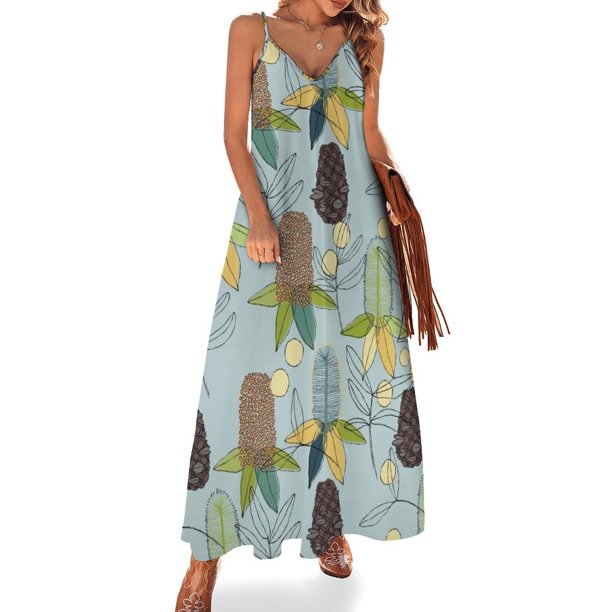 Vestidos sin mangas de estilo coreano con estampado botánico australiano azul, vestidos de verano para mujer 2024, vestidos de verano