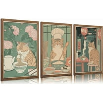 Cute Funny Japanese bathroom Cat Canvas Wall Art plant flower Tabby Cat Posters Prints paintings Vintage Japan Toilet Wall Decor Pictures for Bathroom Toilet Home Decoration Unframed
