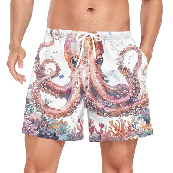 joogoo Men's Watercolor Octopus Swim Trunks with Liner Pocket Beach Shorts Large
