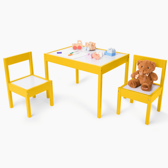 DECOMIL Kids Wooden Table and Chairs, 3 Pieces Set Includes 2 Chairs and 1 Activity Table, Picnic Table with Chairs (Yellow)