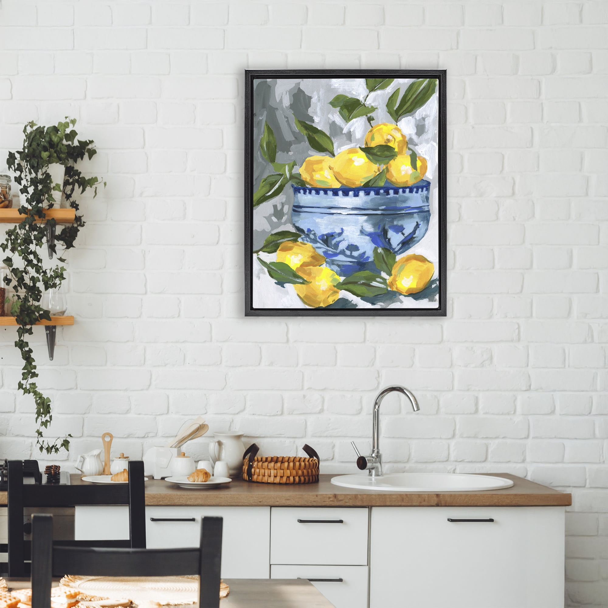 Stupell Industries Indigo & Lemon Bowl Black Framed Floater Canvas Wall Art, design by Melissa Wang