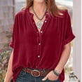 thumbnail image 2 of Ashosteey Women's Velvet T-Shirt V Neck Short Sleeve Tee Vintage Solid Roll-Up Sleeve Tops Dressy Casual Buttons Tunics Clothes, 2 of 6