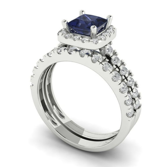 2.01 ct Brilliant Princess Cut Blue Sapphire 18K White Gold Halo Solitaire with Accents Engagement Bridal Wedding Ring Band Set size 3.5