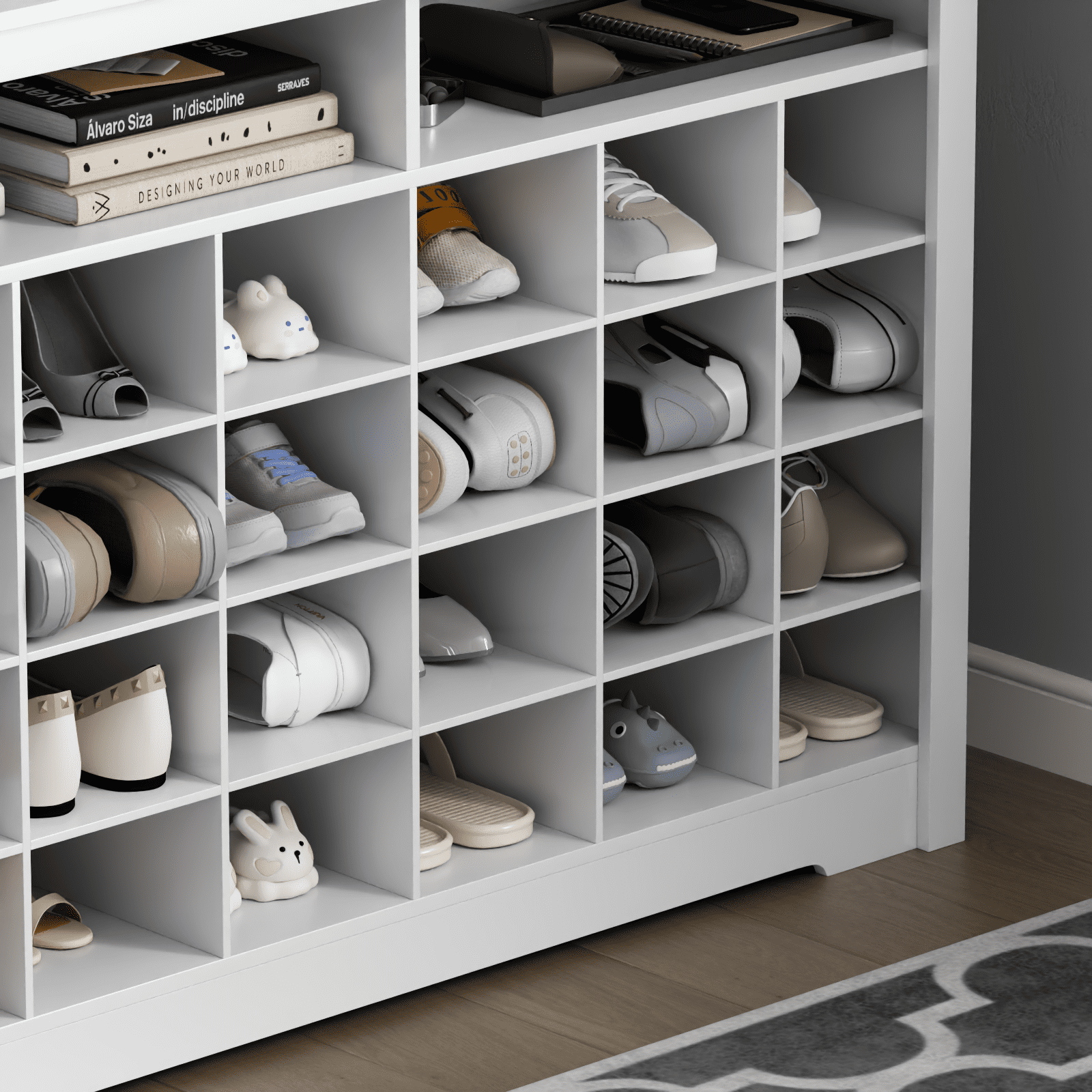 5-Tier Shoe Storage Cabinet, White Freestanding Shoe Rack with 26 Cubbies, Modern Wooden Shoe Organizer with 24 Pair Shoe for Entryway, Closet, Living Room, White