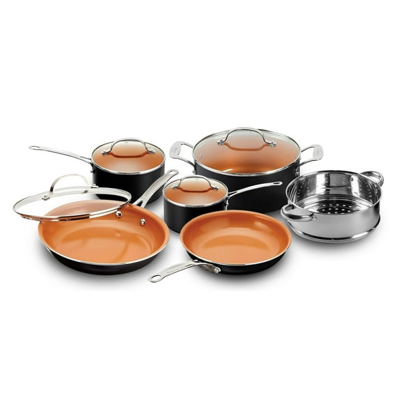 Gotham Steel Juego de ollas y sartenes de 10 piezas con superficie de diamante ultra antiadherente, incluye sartenes, ollas, cacerolas y más, asas que se mantienen frescas, utensilios de metal para ho