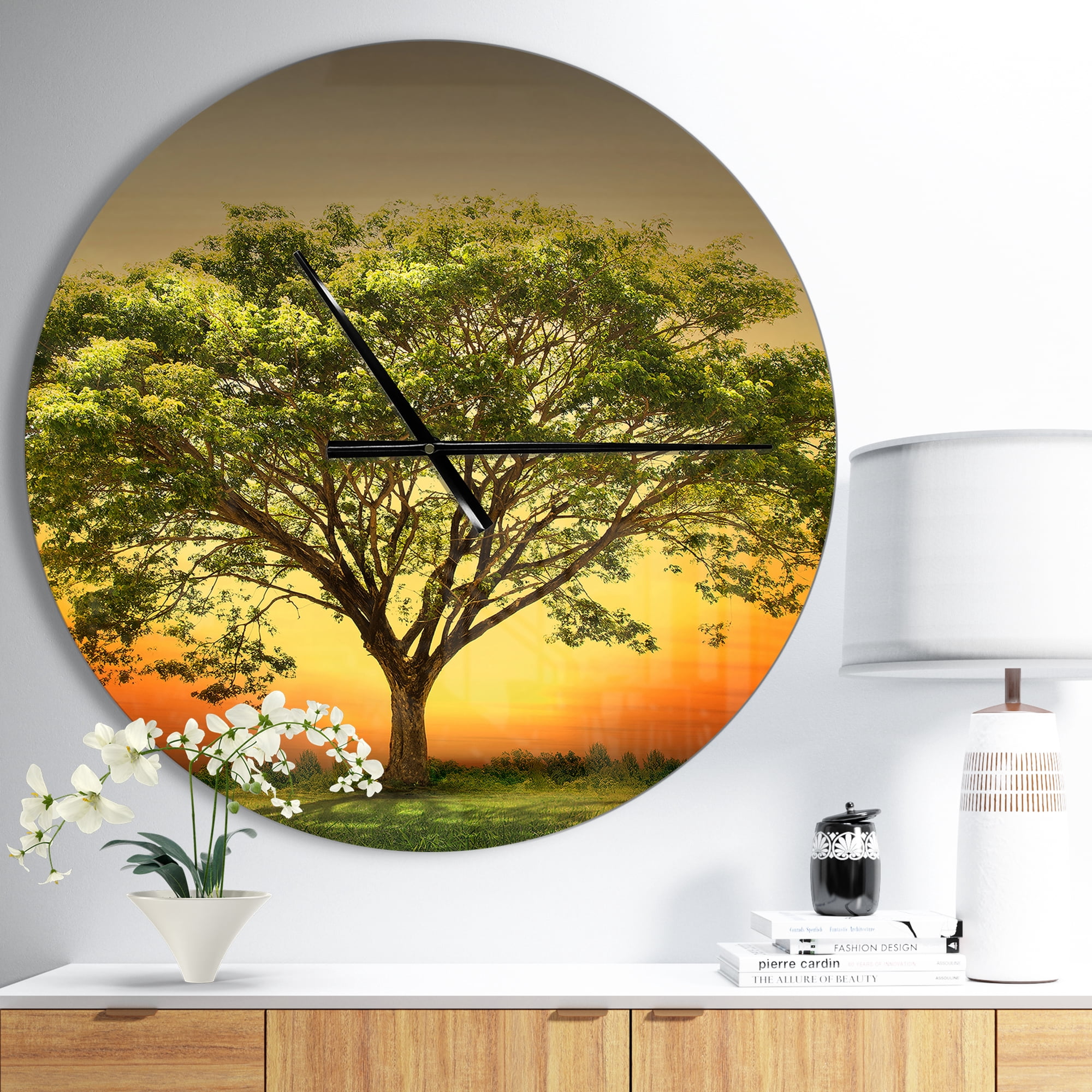 Designart 'Green Tree against Setting Sun ' Modern wall clock