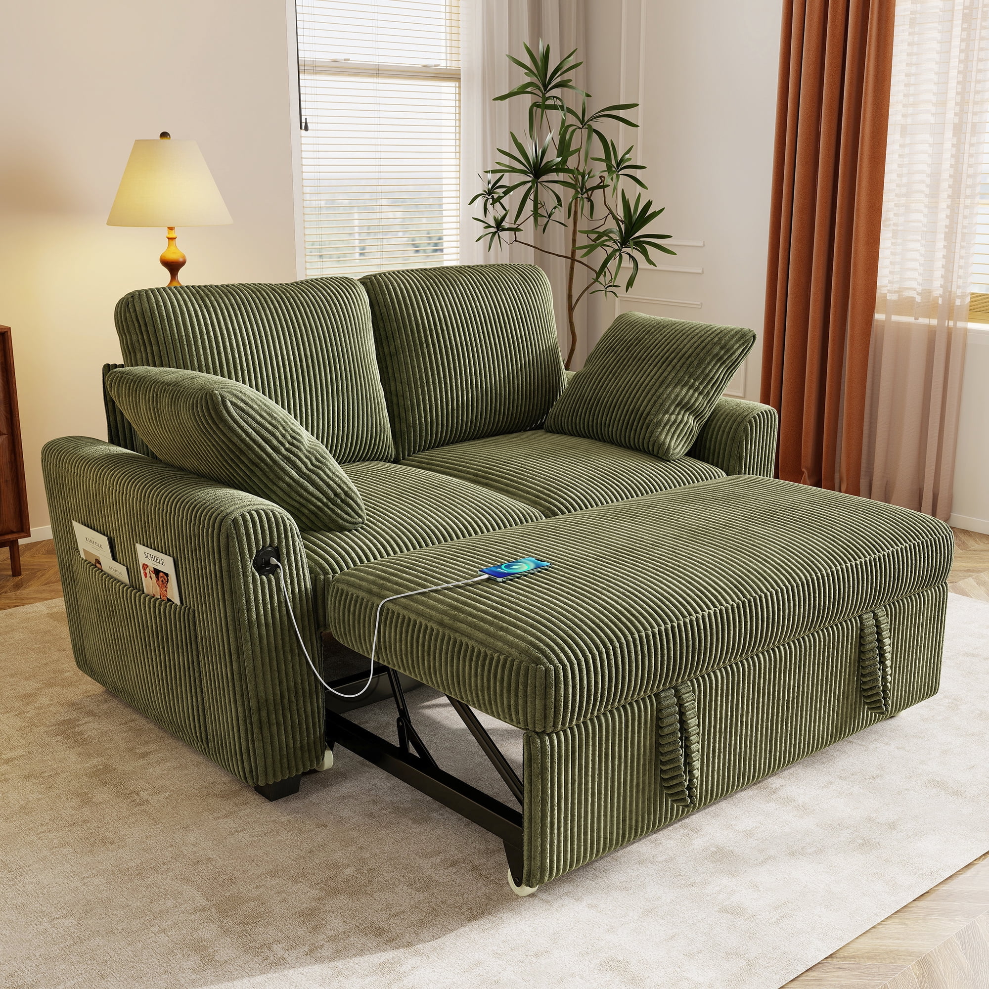BedLuxury 59" Loveseat With Pull Out Bed, Sleeper Sofa Bed With USB Charging & Side Storage for Small Spaces, Corduroy Green