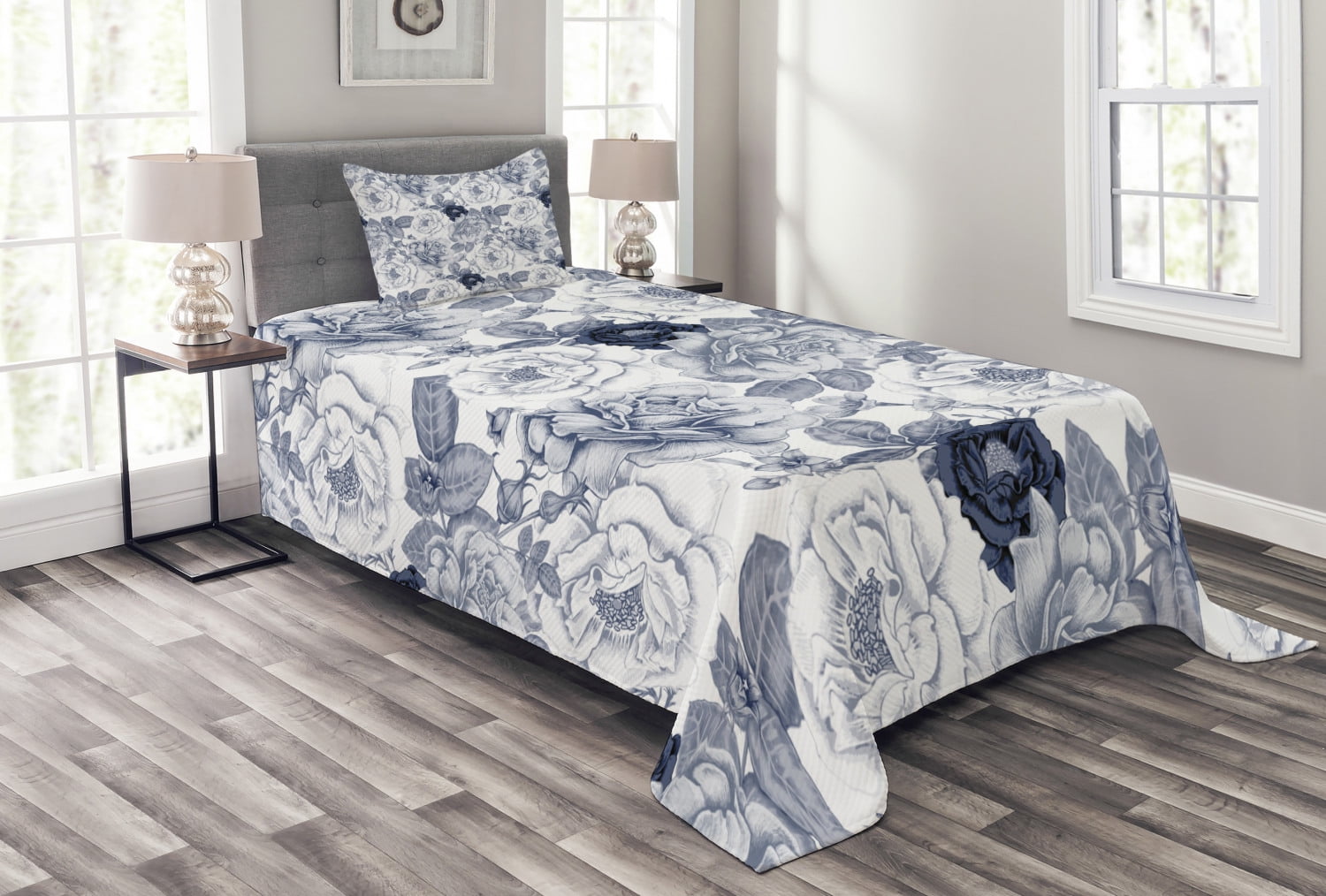 Shabby Chic Bedspread Set Twin Size, Garden Spring Roses Buds with