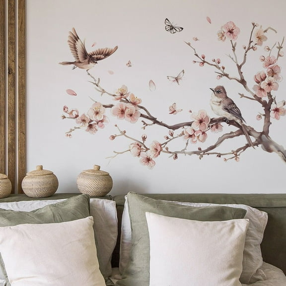 Flower Branch Wall Stickers Pink Blossom Floral Birds Wall Decals flower wall decals Removable Vinyl Peel and Stick Kids Bedroom Living Room Window Wall Decor