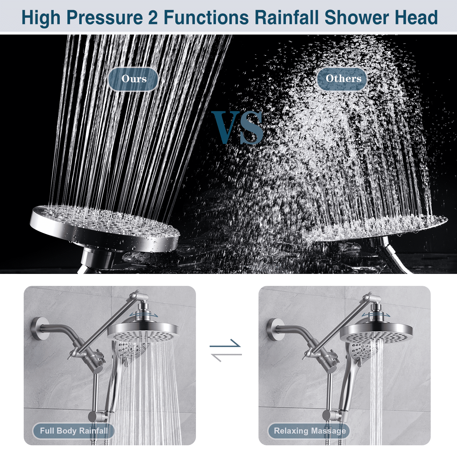 BRIGHT SHOWERS Rain Shower Head with Handheld Spray Built-in Power Wash, High Pressure Dual Shower Head with Adjustable Extension Arm, 3-Way Diverter, 9-Mode Handheld, 69” Long Hose, Brushed Nickel