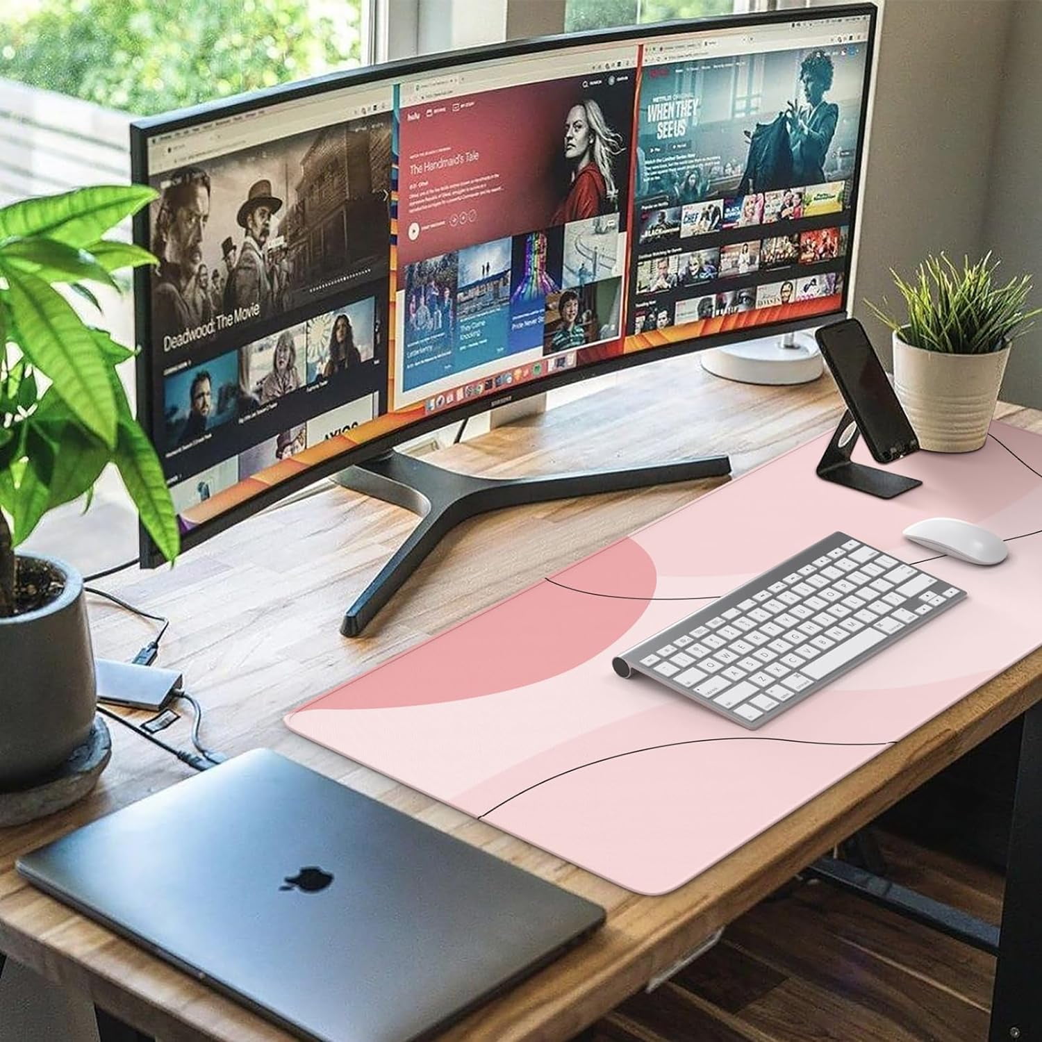 Extended Gaming Mouse Pad (35.4x15.7 in), Large Stable Rubber Base Mousepad with Stitched Edges, Keyboard Mouse Mat Desk Pad for Work, Game, Office, Home-Pink Art Modern