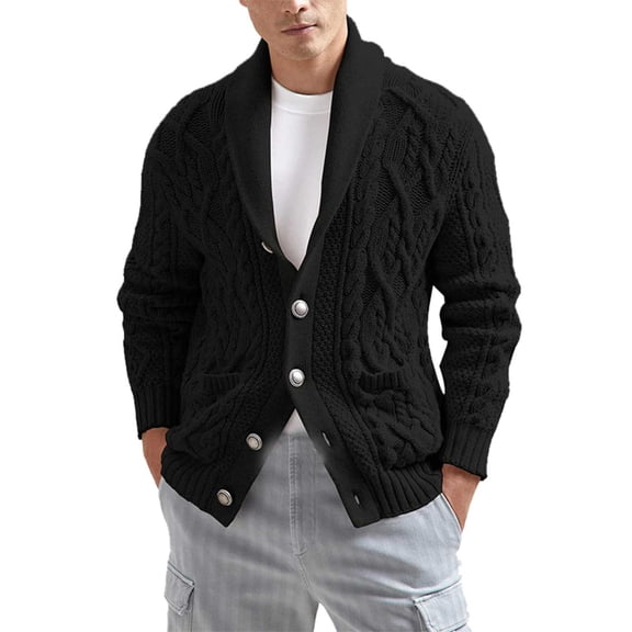 VNKIDY Men's Sweater Coat Autumn Winter Oversized Solid Color Cable Knit Cardigan Long Sleeve Shawl Collar Button Down Thermal Coat For Cold Weather Daily Wear Leisure Knitwear