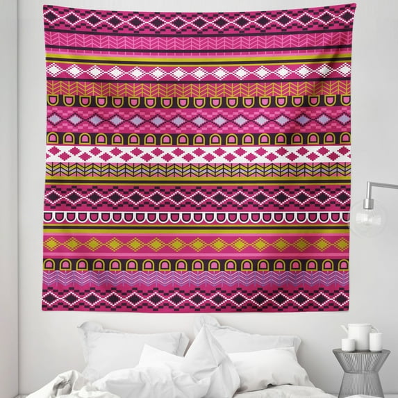 Pink Tapestry, Traditional Motifs and Borders Accents Vintage Native Folk Art, Fabric Wall Hanging Decor for Bedroom Living Room Dorm, 5 Sizes, Multicolor, by Ambesonne