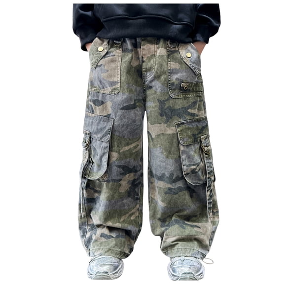 Wxirdiow Y2k Pants Kids Boy's Wide Leg Cargo Pants Outdoor Casual Trousers Baggy Pants Streetwear Camouflage Size,13-14 Years