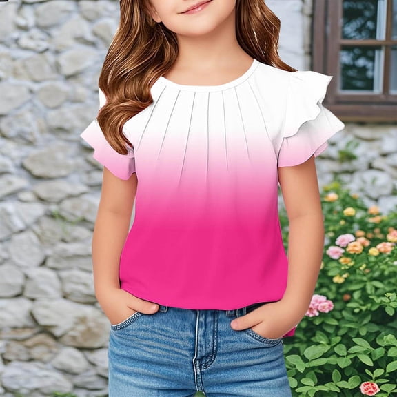 Tdoqot Girls Pleat T Shirts- Fashion Cute Ruffle Short Sleeve Casual Kids Summer Tops Hot Pink Size 10