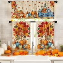 Hello Autumn Kitchen Window Curtains and Valances Set 36 Inch, Fall Truck Pumpkins Gnomes Maple Tree Short Tier Curtain for Cafe Living Room Bathroom, Vintage 3 Pieces Set Kitchen Decor