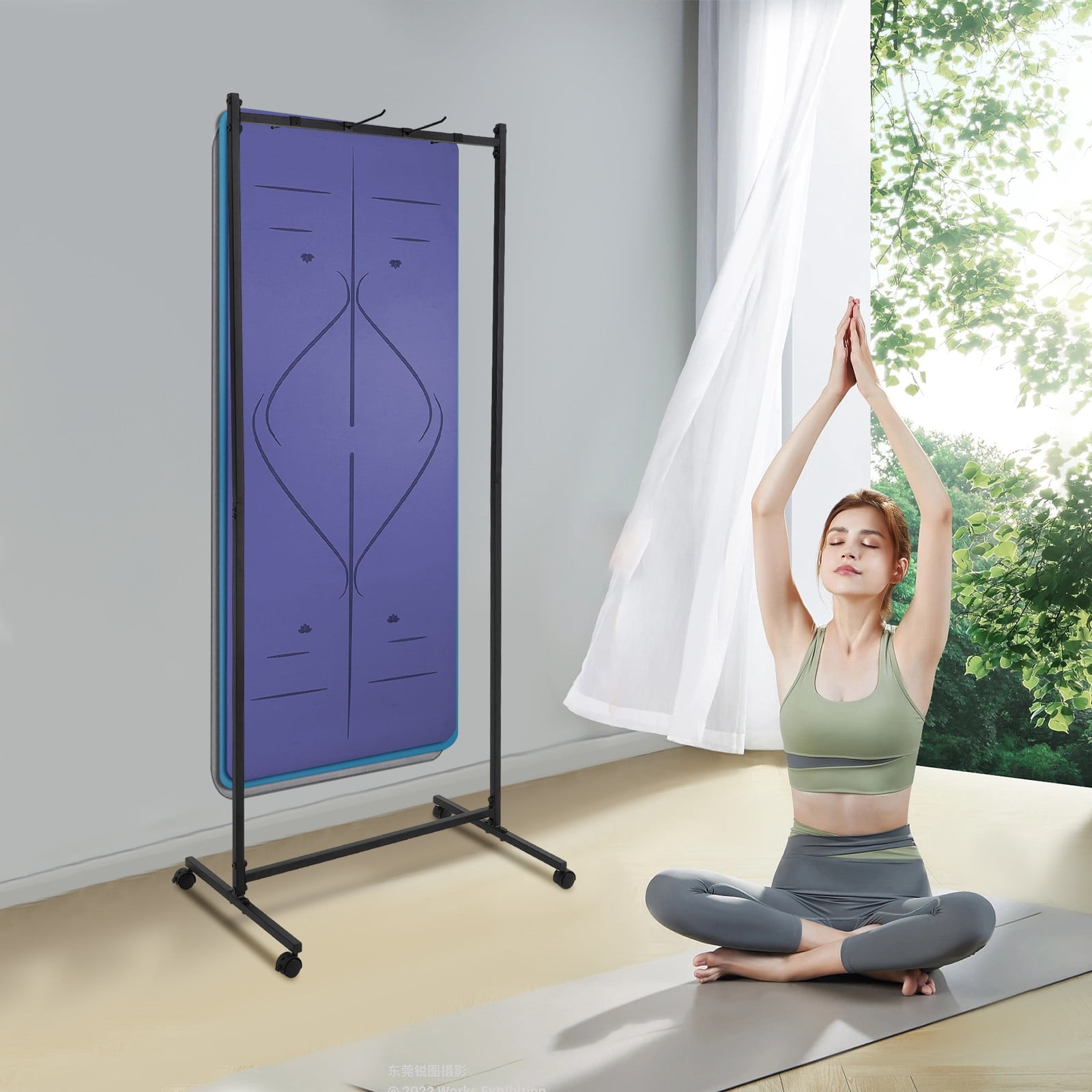 185cm Yoga Mat Holder Hanging Iron Yoga Mats Storage Rack w/ Double Sided Hooks for Yoga Studio
