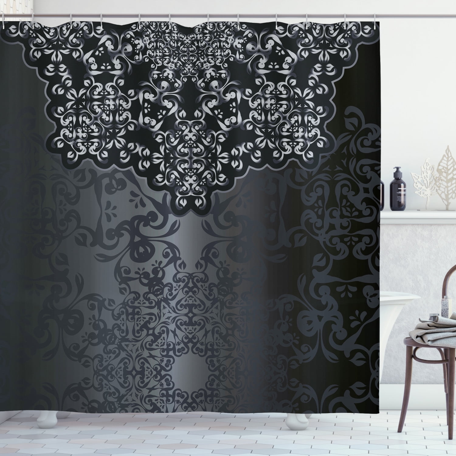 Ambesonne Dark Grey Shower Curtain, Vintage Damask, 69"Wx84"L, Dimgrey