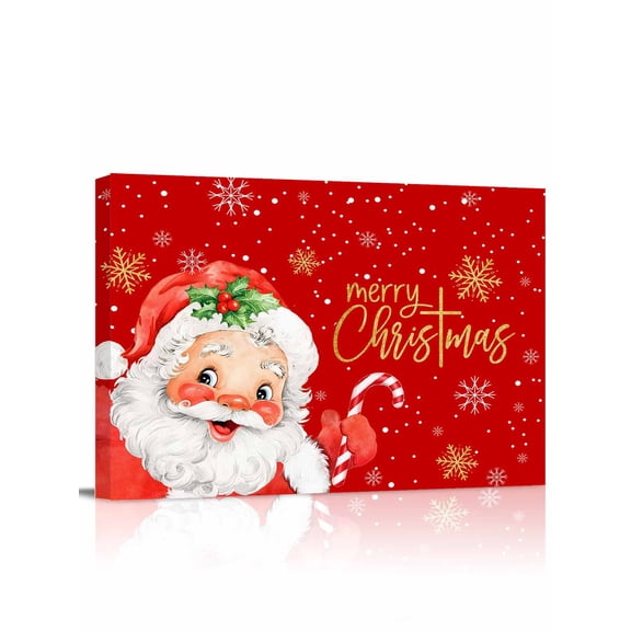Merry Christmas Canvas Print Wall Art Red Santa Claus Poinsettia Winter Snowflake Pictures Painting Morden Artwork for Living Room Bedroom, Ready to Hang - 12"x16"