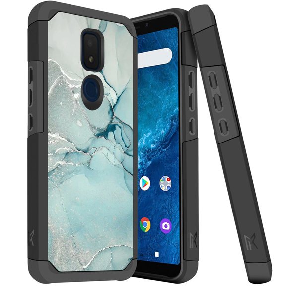 ANJ  Dual Layer Shockproof Hybrid Case   [Tempered Glass] Cover for Cricket Icon 3, Splendor, AT&T Motivate 2 - Green Marbling