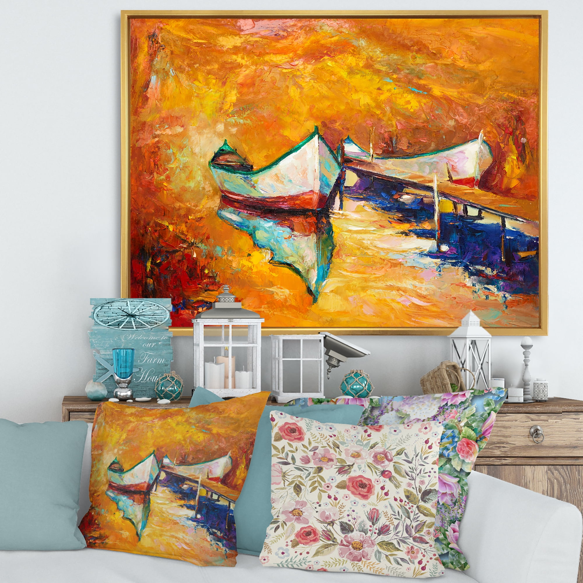 Little Boat During Warm and Orange Evening 20 in x 12 in Framed Painting Canvas Art Print, by Designart
