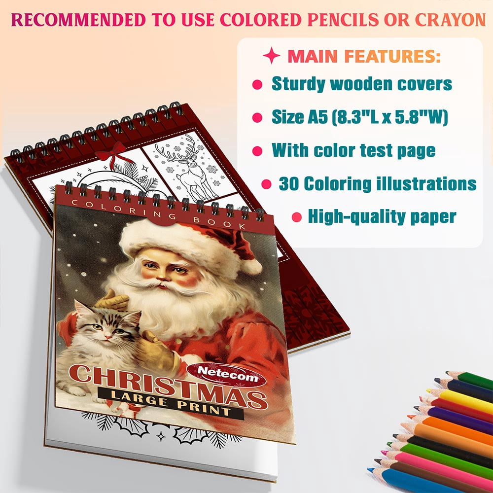 Netecom Large Print Christmas Coloring Book Spiral Bound for Adults, A5 Wooden Cover, 30 Elegant Coloring Pages of Cute Decorating the Christmas Tree for Stress Relief and Relaxation