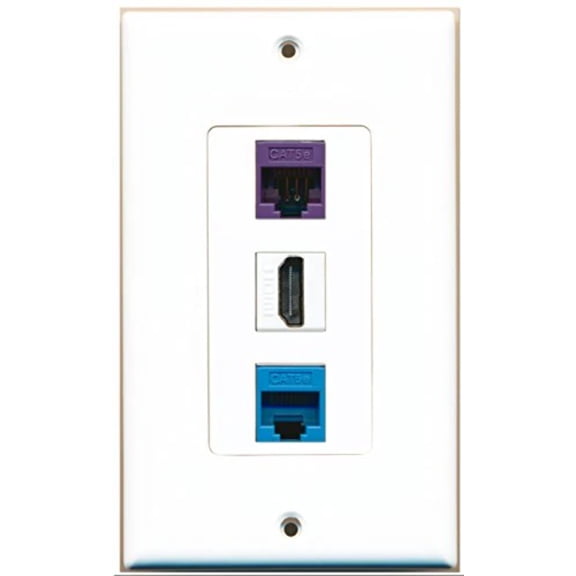 RiteAV - 1 Port HDMI 1 Cat5e Ethernet Blue 1 Cat5e Ethernet Purple Wall Plate Decorative