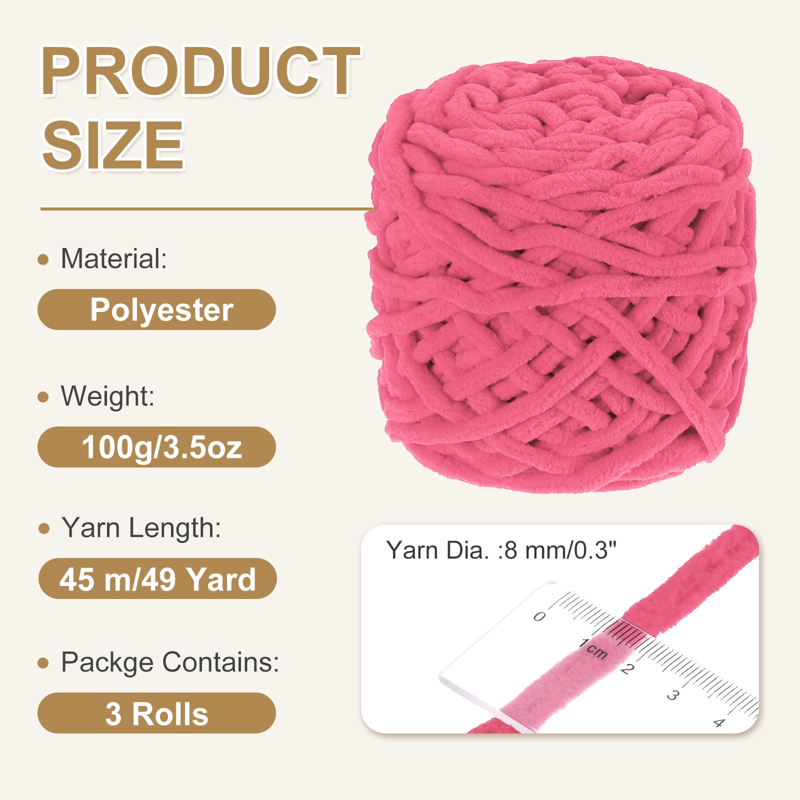 Uxcell 3 Pcs Blanket Yarn, 49 Yards Fluffy Velvet Plush Bulky Thick Chenille Chunky Yarn for Soft Velvet Blanket Shawl Scarf Crochet Hand Knitted Crafts, Dark Pink