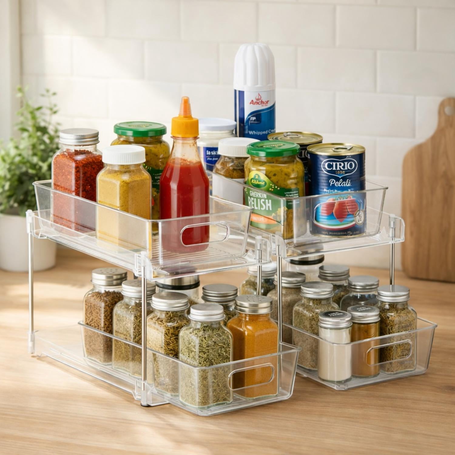 Sorbus 2-Tier Pull-Out Pantry Organizer Set, 2 Pack Clear Kitchen Cabinet Storage Drawers