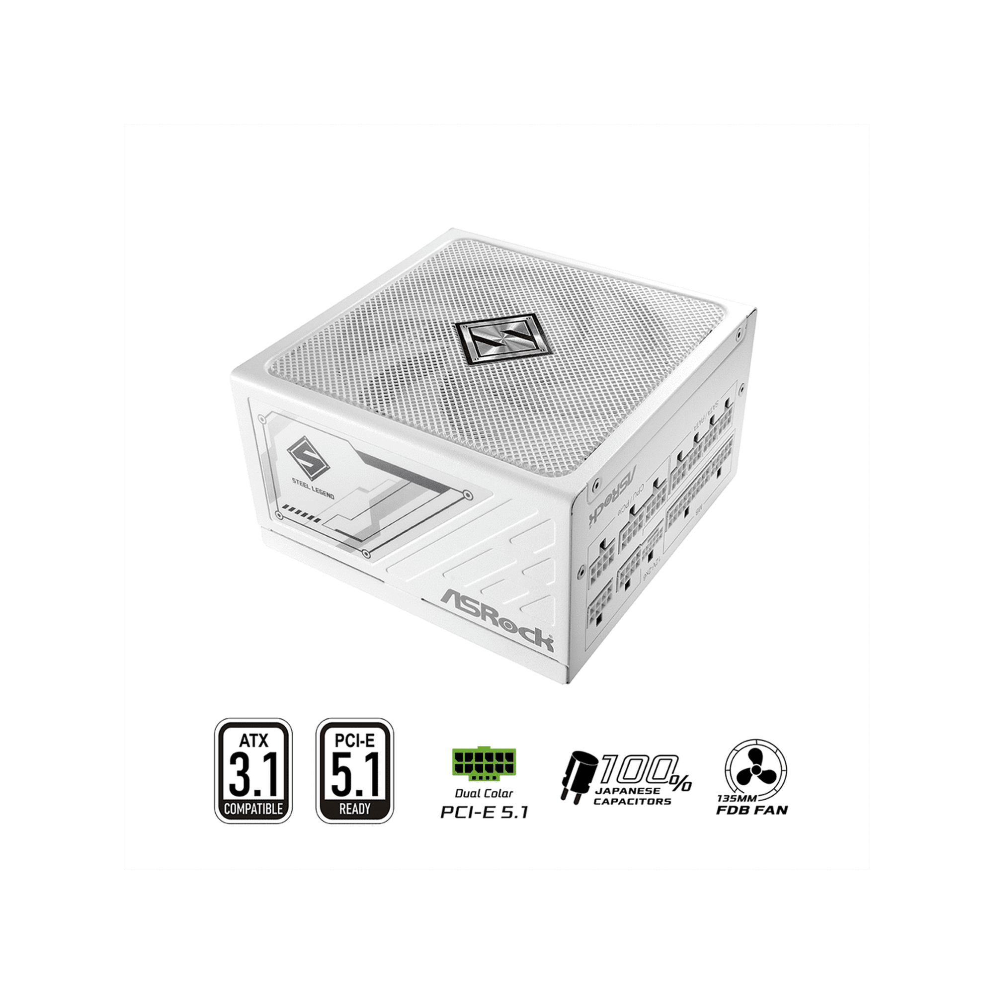ASRock Steel Legend SL-850GW 850W 80 PLUS GOLD & Cybenetics PLATINUM Full Modular Power Supply, ATX3.1 & PCIe5.1 Ready with Dual Color 12V-2x6 Cable, 10 Years Warranty, White Edition