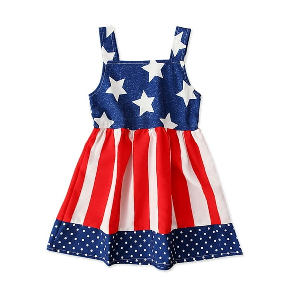 OAVQHLG3B Summer Girls Sleeveless American Independence Day Flag Striped Star Print Dress