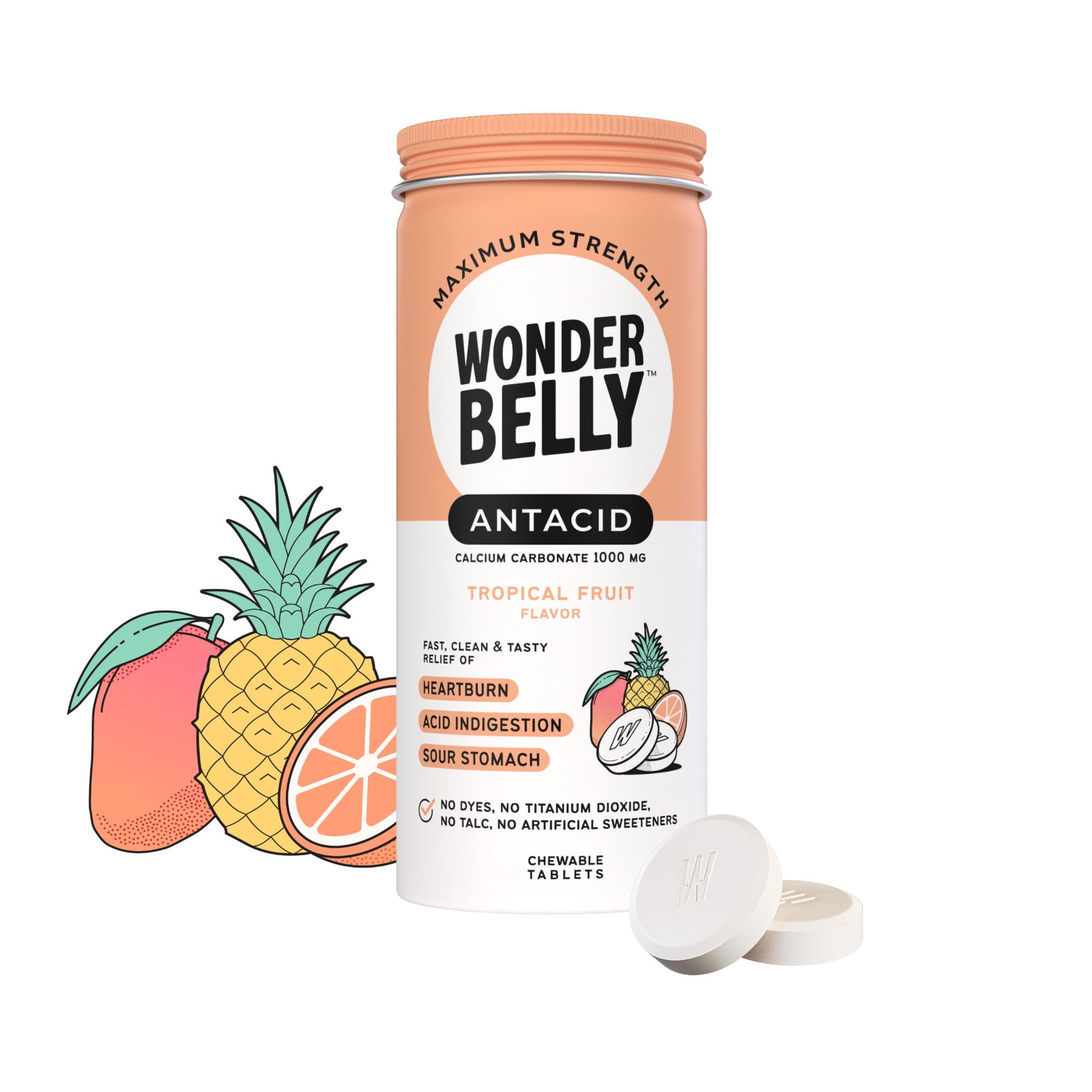 Wonderbelly Antacid Tablets for Heartburn Relief, Tropical Fruit Flavor, 60 Chewable Tablets